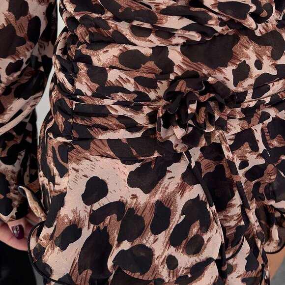 Apricot Casual Women's Animal Print Leopard Ruffle Hem Long Sleeve Mini Dress - Picture 6 of 6
